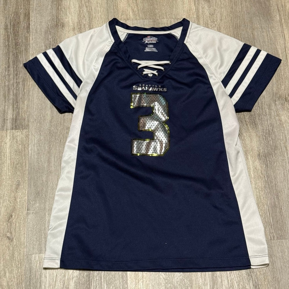 Majestic NFL Womens‎ Large Blue White SEATTLE SEAHAWKS Jersey #3 WILSON